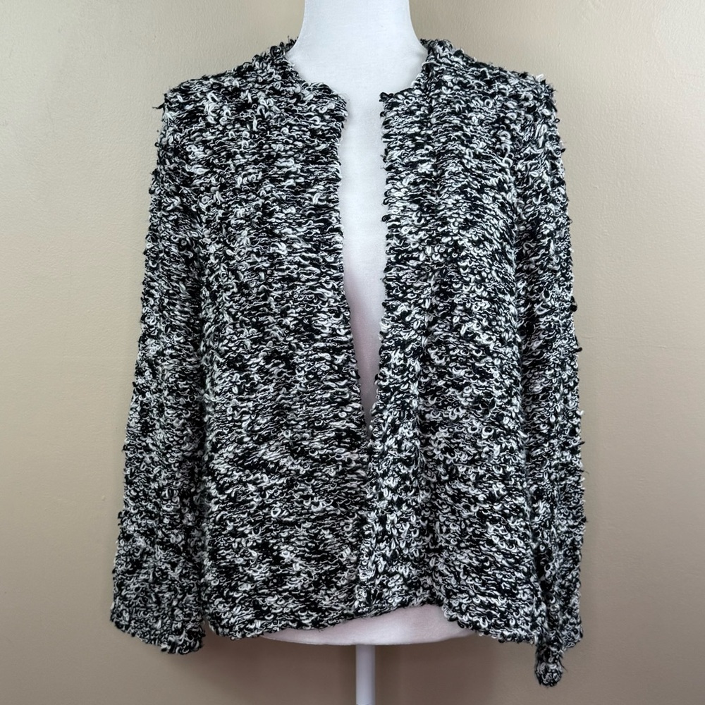 Eileen Fisher Sweater Large Black White Loop Knit Cardigan Organic Cotton Top